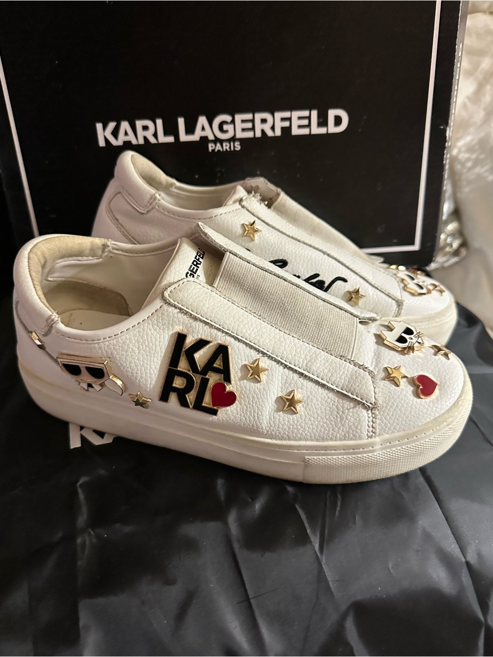 Karl Lagerfeld White Slip-On Sneakers with Gold Stars & Red Heart
